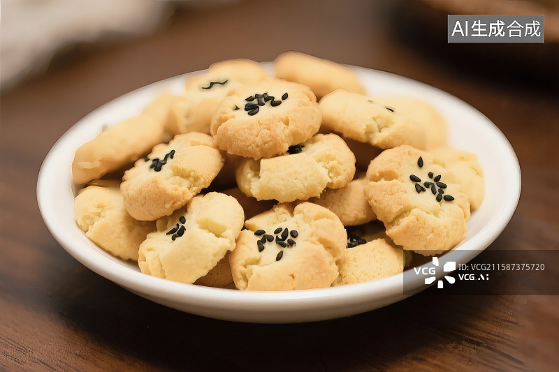 【AI数字艺术】一盘美味的桃酥，上面撒着黑芝麻图片素材