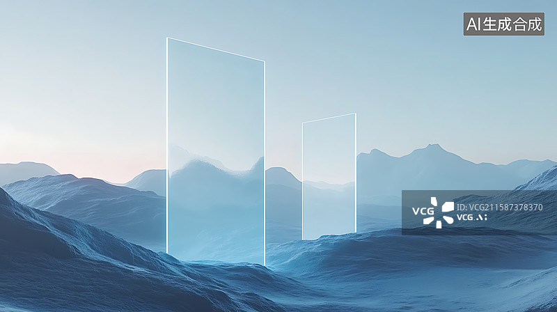 【AI数字艺术】山地沙漠中拍摄场景，发光镜面，科技背景，广告宣传背景展台图片素材