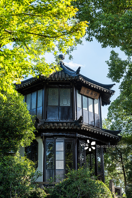 苏州拙政园多角亭阁与绿树环绕图片素材