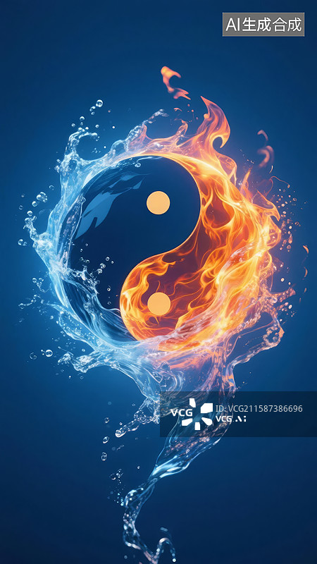 【AI数字艺术】阴阳符号的火焰与水流交织图片素材
