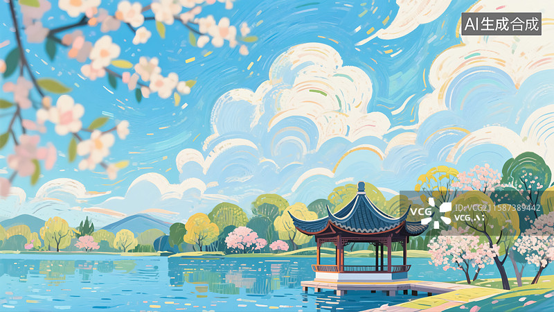 【AI数字艺术】春天公园凉亭风景插画图片素材
