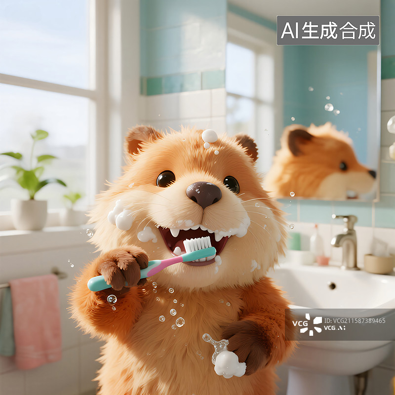 【AI数字艺术】萌宠的洁净早晨 | 刷牙进行时图片素材