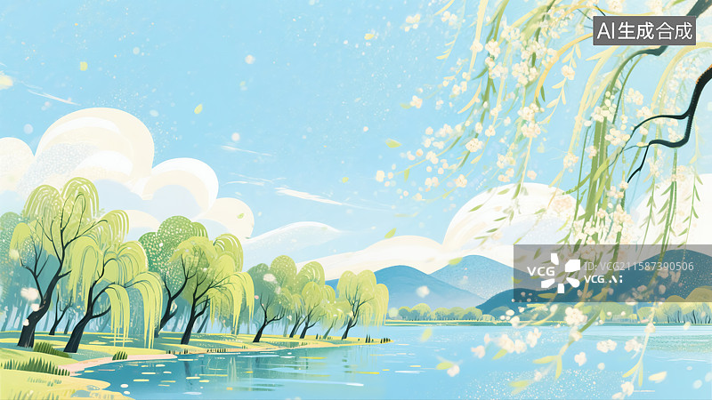 【AI数字艺术】春天湖泊柳树插画图片素材