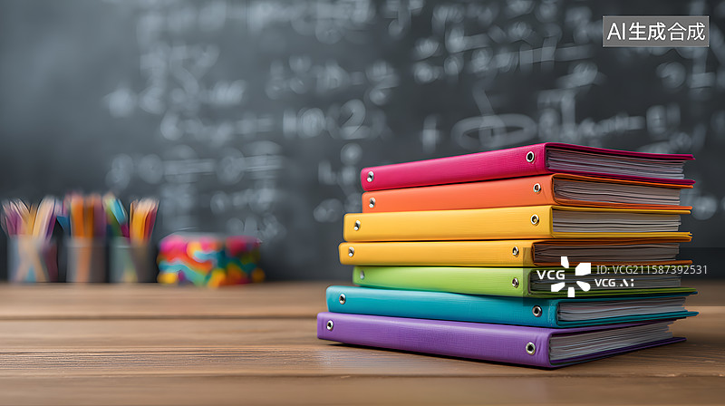 【AI数字艺术】彩色文件夹堆叠在教室桌面上图片素材
