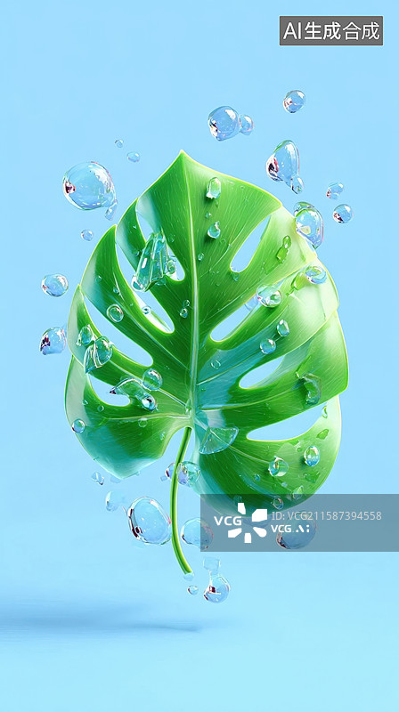 【AI数字艺术】水珠围绕的绿叶图片素材