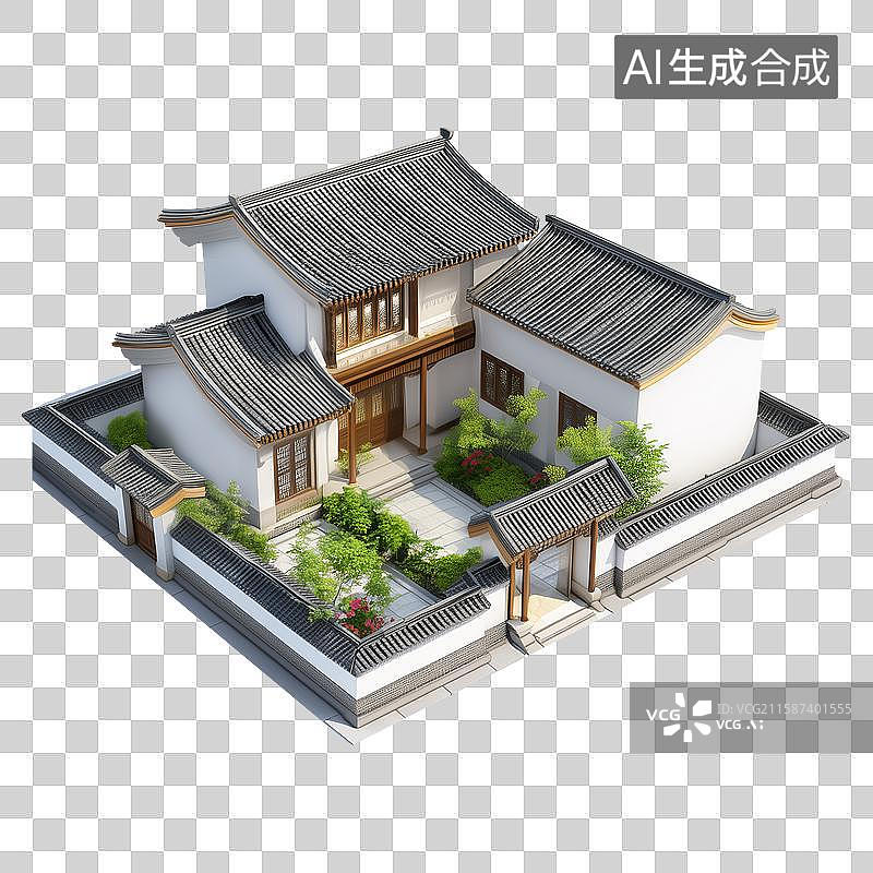 【AI数字艺术】3D风格中式院落元素图片素材