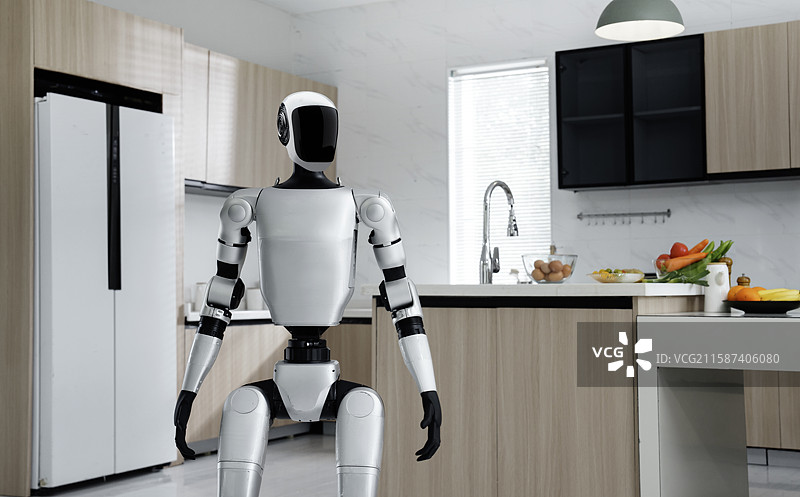 机器人在厨房人机互动图片素材