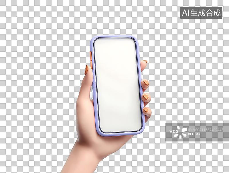 【AI数字艺术】手持空白屏幕手机，在蓝色背景下呈现电子设备的场景图片素材