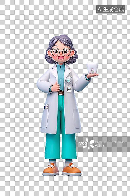 【AI数字艺术】卡通牙医形象手持牙齿模型，借蓝色背景与 3D 插画风格，开展口腔健康护牙科普图片素材