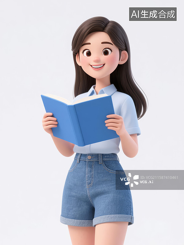 【AI数字艺术】穿衬衫拿着书的年轻长发女生图片素材