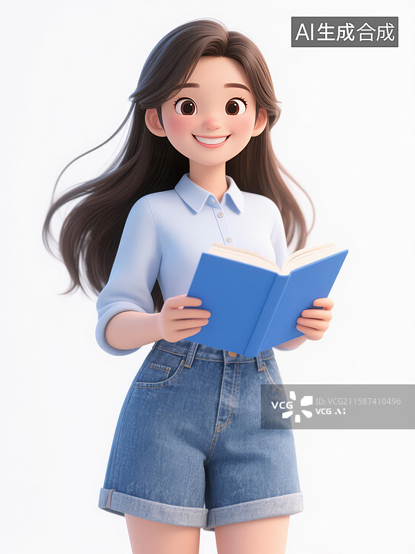 【AI数字艺术】3D卡通人物，穿白衬衫拿着书的微笑长发女生图片素材