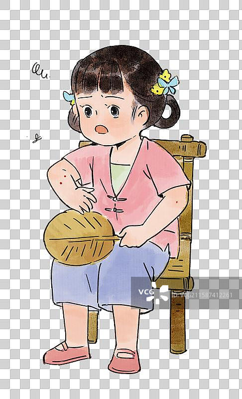 夏天蚊子叮咬拿扇子的儿童女孩元素图片素材