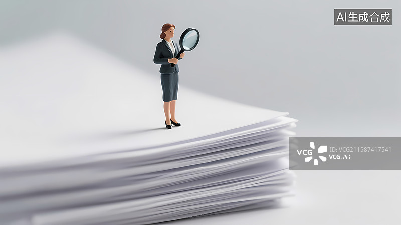 【AI数字艺术】微缩摄影 职场人员拿放大镜检查文件 审查图片素材