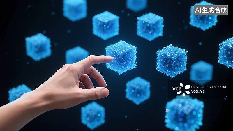 【AI数字艺术】人类的手触摸蓝色方块人工智能插画图片素材