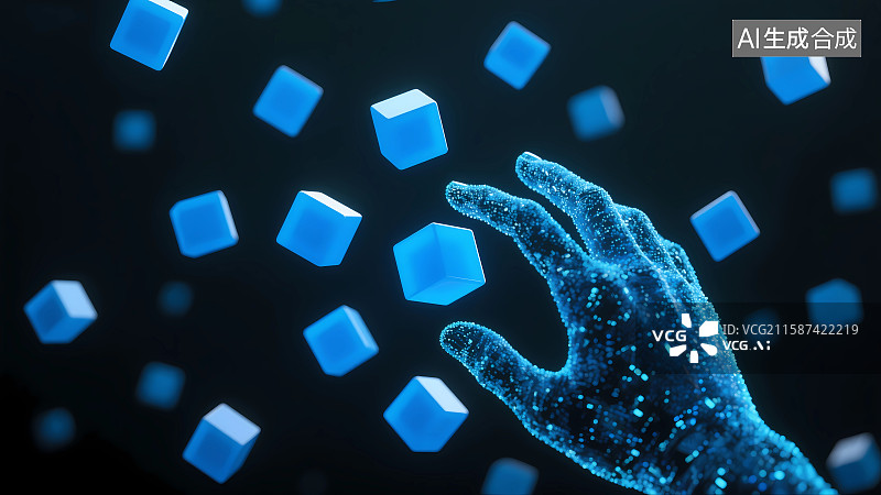 【AI数字艺术】人类的手触摸蓝色方块人工智能插画图片素材