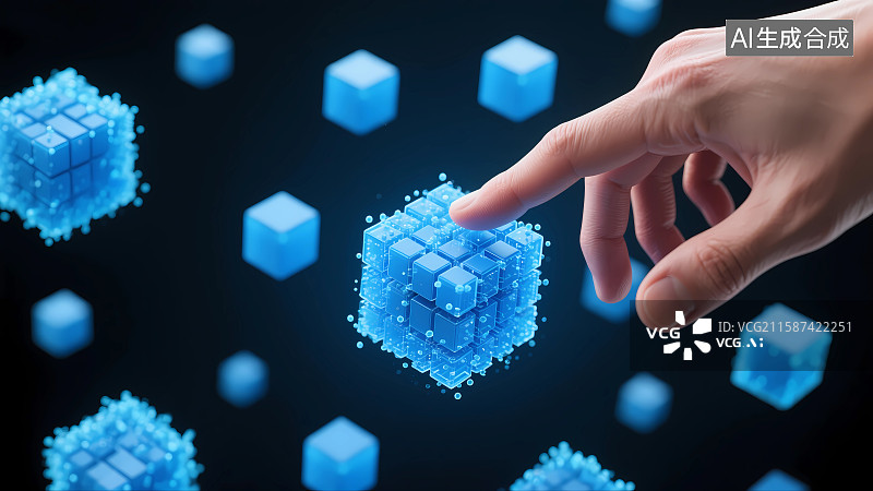 【AI数字艺术】人类的手触摸蓝色方块人工智能插画图片素材