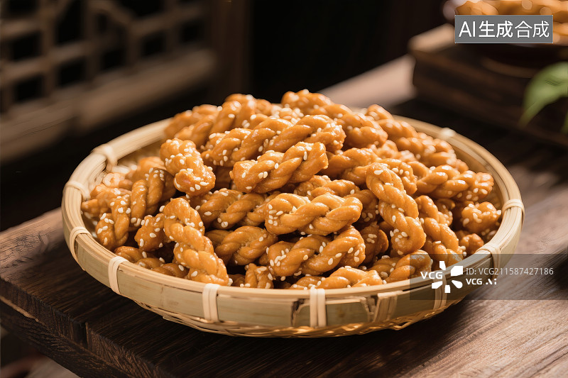 【AI数字艺术】竹篮中的油炸小麻花，上面撒着白芝麻图片素材