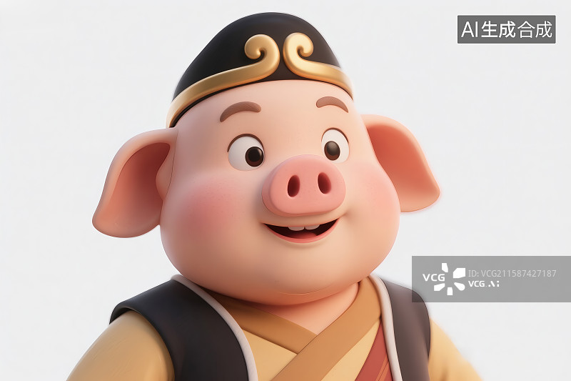 【AI数字艺术】白色背景，卡通风格的猪八戒形象图片素材