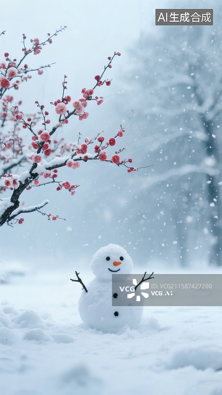【AI数字艺术】大雪节气海报，雪地上堆着的雪人，盛开的梅花图片素材