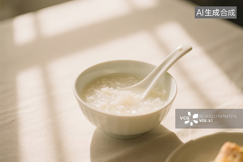 【AI数字艺术】阳光照射在说面的一碗白粥上图片素材
