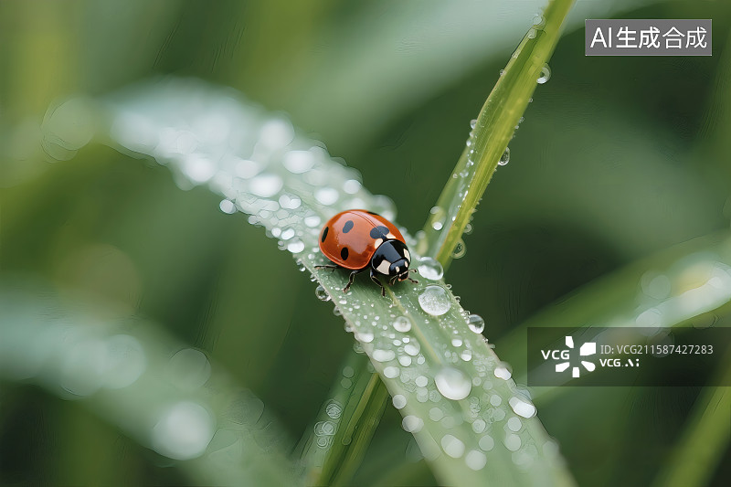 【AI数字艺术】白露节气，路边野草上，沾着露水，上面栖息着一只瓢虫图片素材