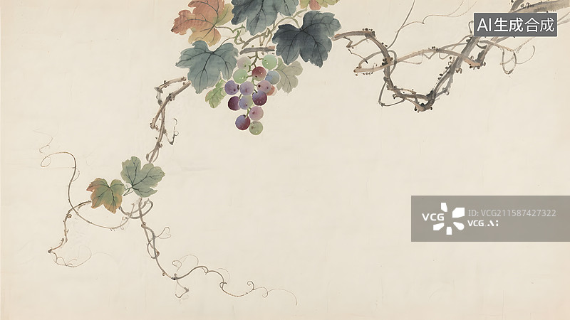 【AI数字艺术】水墨画葡萄藤类植物枝叶背景图片素材