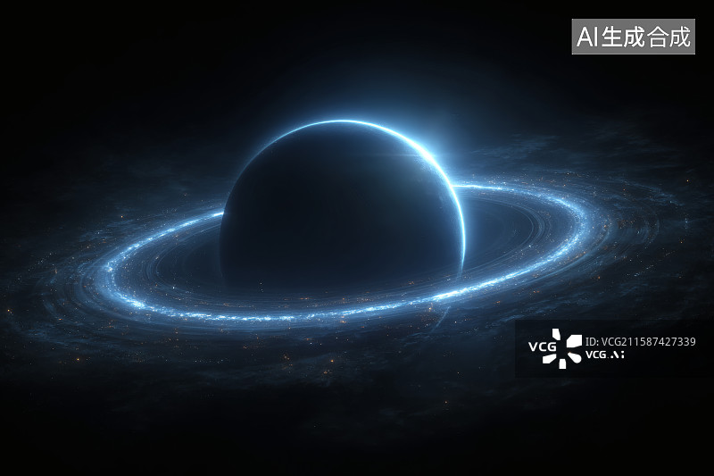 【AI数字艺术】黑色背景，一颗蓝色的星球，巨大的行星环图片素材