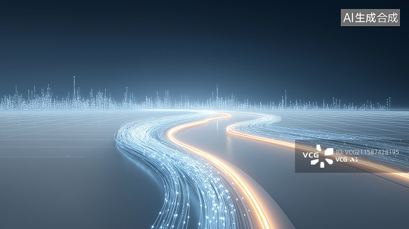【AI数字艺术】互联网科技背景——蓝色发光流动波浪与城市天际线图片素材