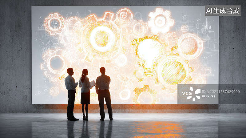 【AI数字艺术】三人观赏创意齿轮与灯泡艺术墙图片素材