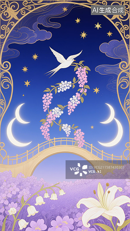 【AI数字艺术】星夜拱桥，白鸽衔花，繁花簇拥，浪漫在梦幻夜色里蔓延图片素材