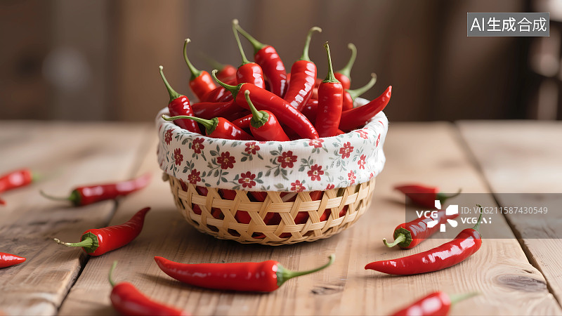 【AI数字艺术】桌面上篮子里的红色辣椒特写图片素材