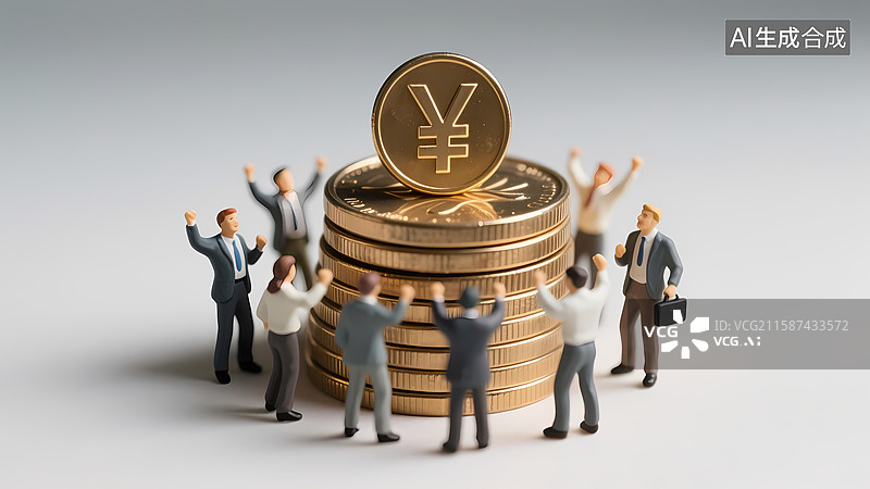 【AI数字艺术】微缩摄影场景职场人物围绕金币欢呼庆祝图片素材