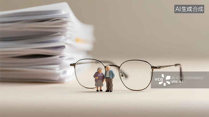 【AI数字艺术】微缩摄影场景老年夫妇站在眼镜前看文件背影图片素材