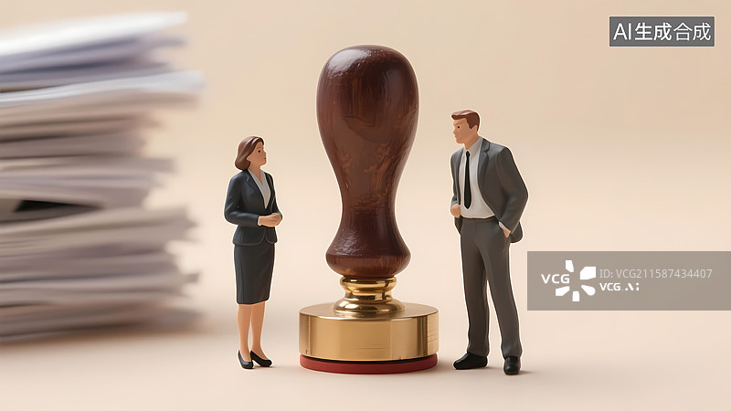 【AI数字艺术】微缩摄影场景职场人士站在印章和文件前图片素材