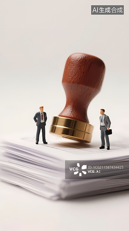 【AI数字艺术】微缩摄影场景职场人士站在印章和文件前图片素材
