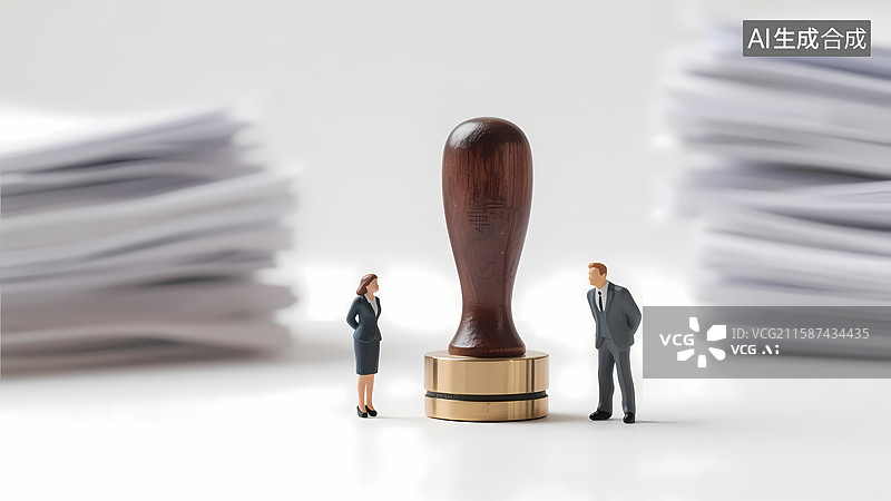 【AI数字艺术】微缩摄影场景职场人士站在印章和文件前图片素材