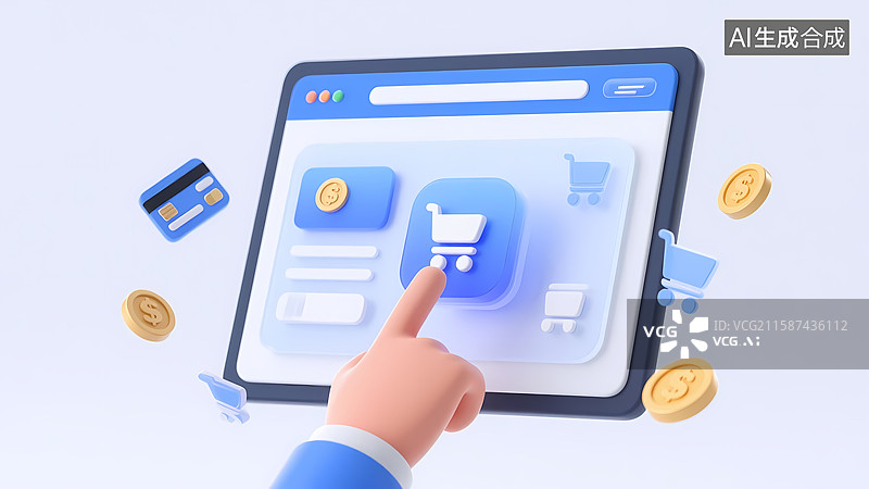 【AI数字艺术】3d立体卡通手指点击屏幕支付页面电商场景图片素材