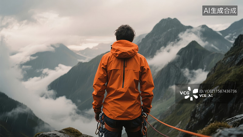【AI数字艺术】登山者俯瞰云海山脉图片素材
