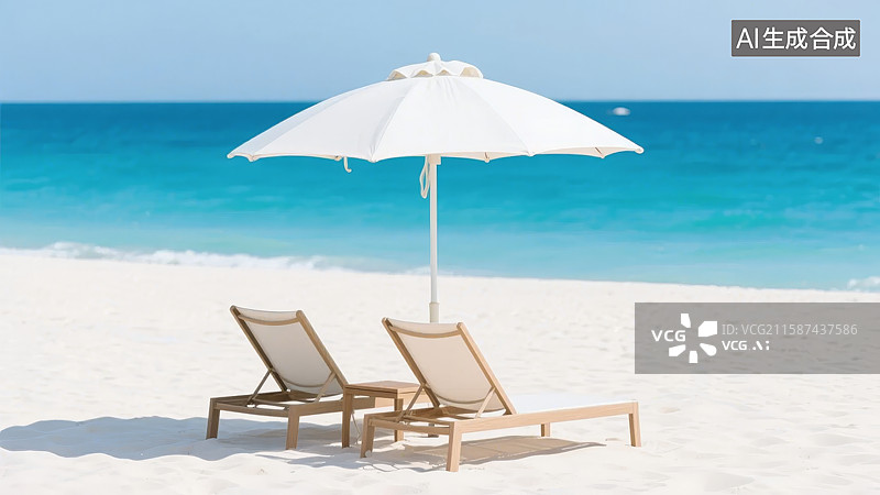【AI数字艺术】沙滩上的白色遮阳伞和躺椅图片素材