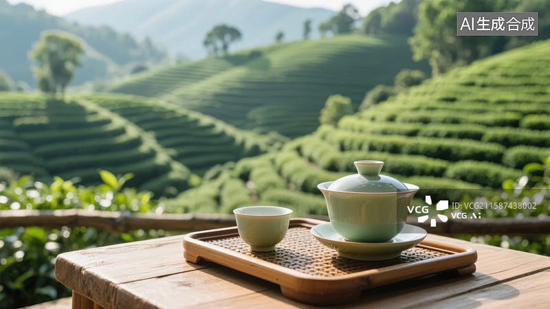 【AI数字艺术】茶园风光与茶具图片素材