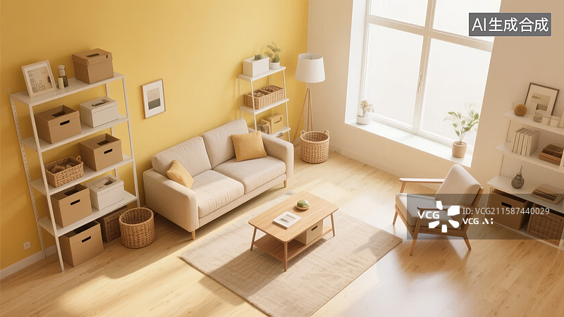 【AI数字艺术】温馨明亮的现代客厅布置图片素材