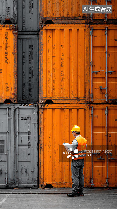 【AI数字艺术】工人在集装箱前查看文件图片素材