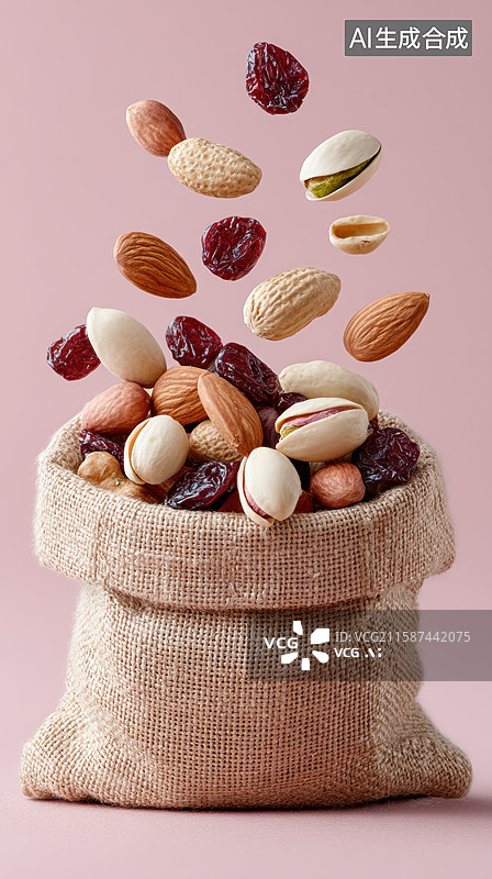 【AI数字艺术】布袋中飞舞的坚果与干果图片素材