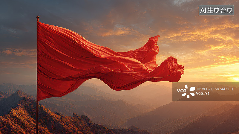 【AI数字艺术】红旗迎风飘扬于山巅之上图片素材