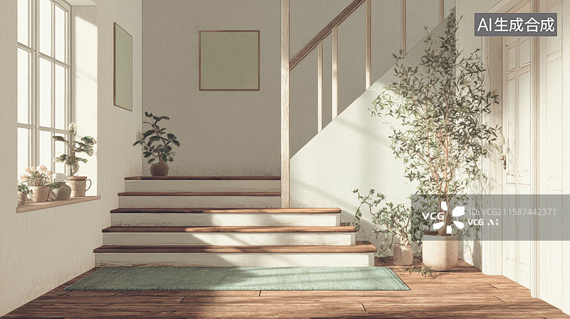 【AI数字艺术】明亮室内楼梯与绿植装饰图片素材