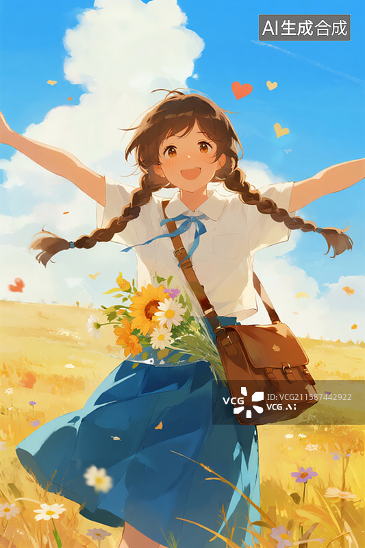 【AI数字艺术】插画一位扎着麻花辫的女孩，背着装有花束的棕色挎包，在秋日原野上张开双臂，背景是蓝天、白云与金黄草地图片素材