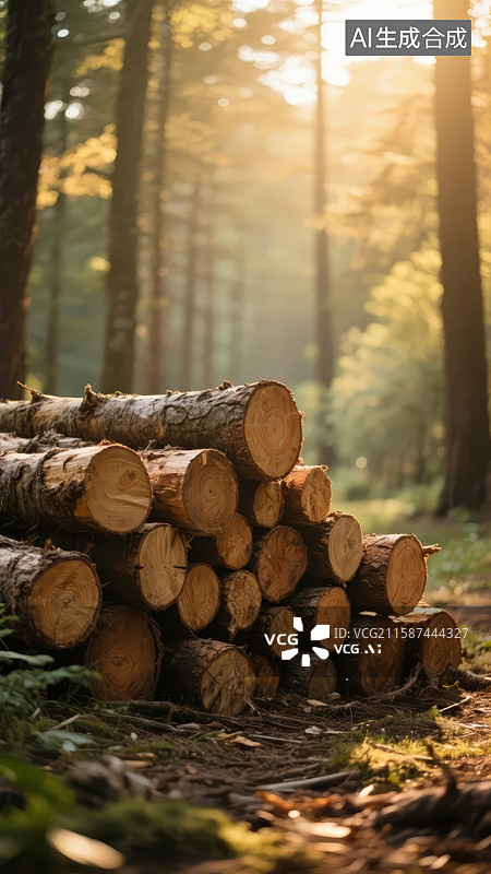 【AI数字艺术】森林中的原木堆叠图片素材
