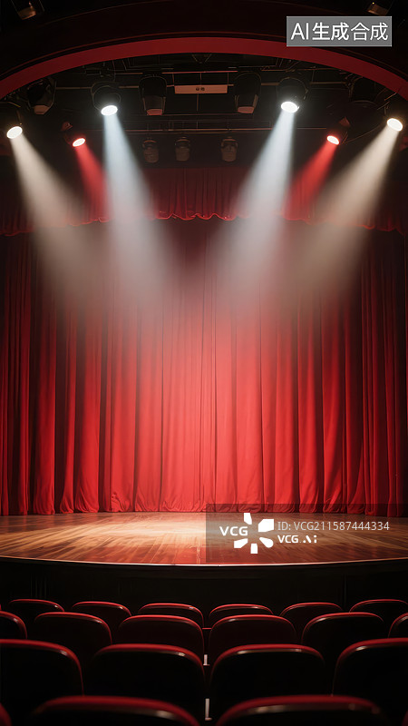 【AI数字艺术】剧院舞台灯光照射下的红色幕布图片素材