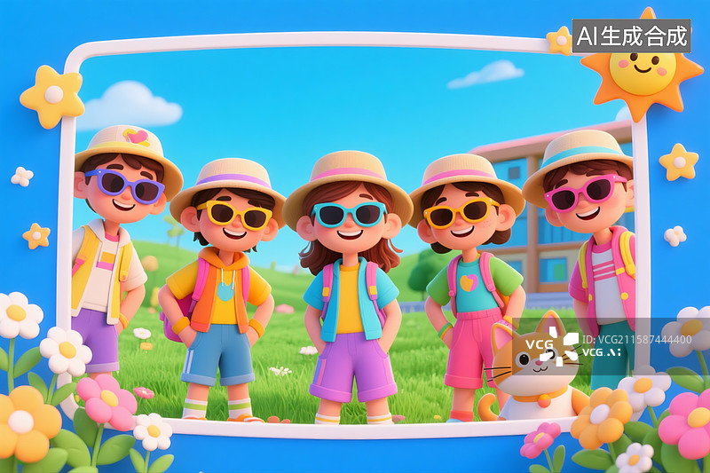 【AI数字艺术】3D卡通，一群充满活力的年轻人，穿着五颜六色的休闲装，彩色太阳镜，草地和蓝天图片素材