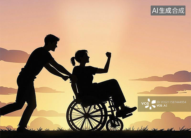 【AI数字艺术】家属推轮椅上的残疾人，黄昏下的剪影图片素材